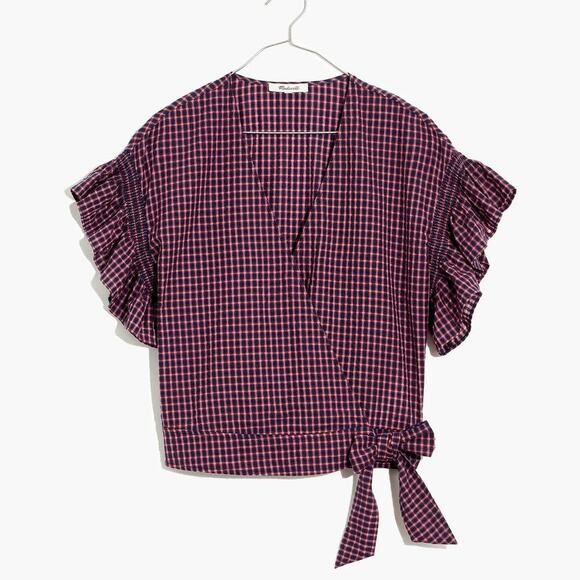 MADEWELL Flutter-Sleeve Side-Tie Wrap Top in Plaid Burnished Rose Size Medium - Picture 2 of 9